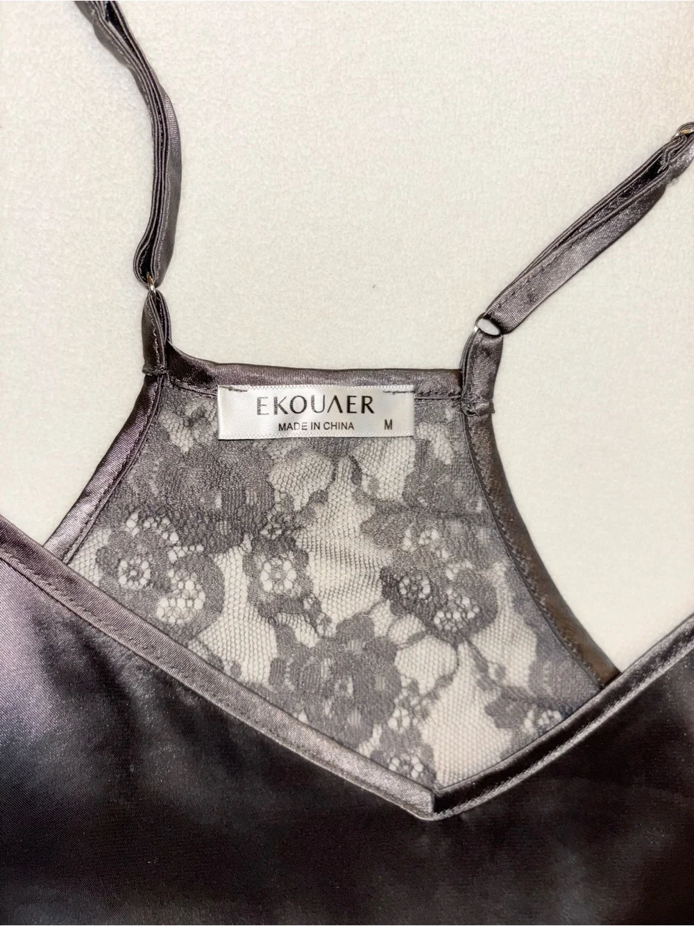 EKOUER Gray Satin Lace Cami & Shorts Pajama Set M